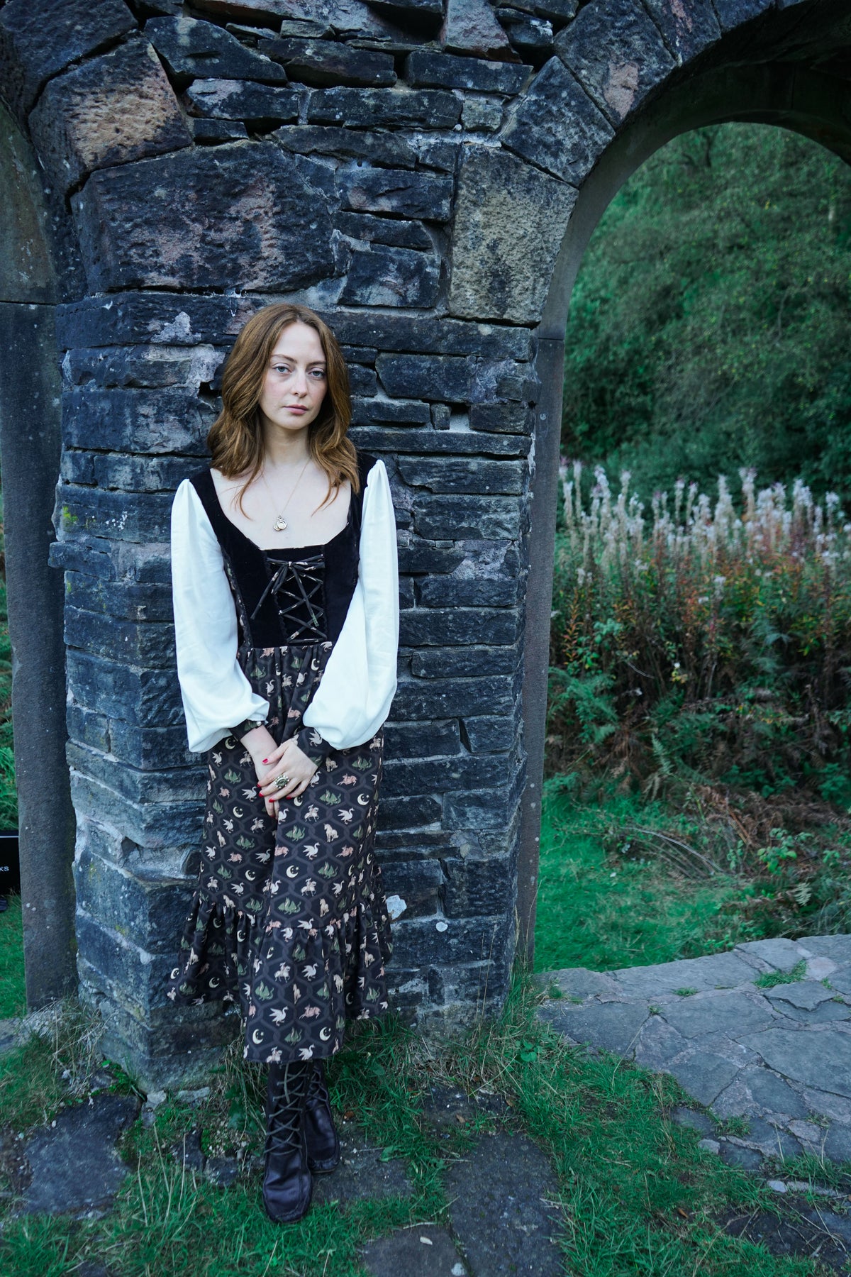 Stevie Midi Dress in Coal Folklore Ribbon Print