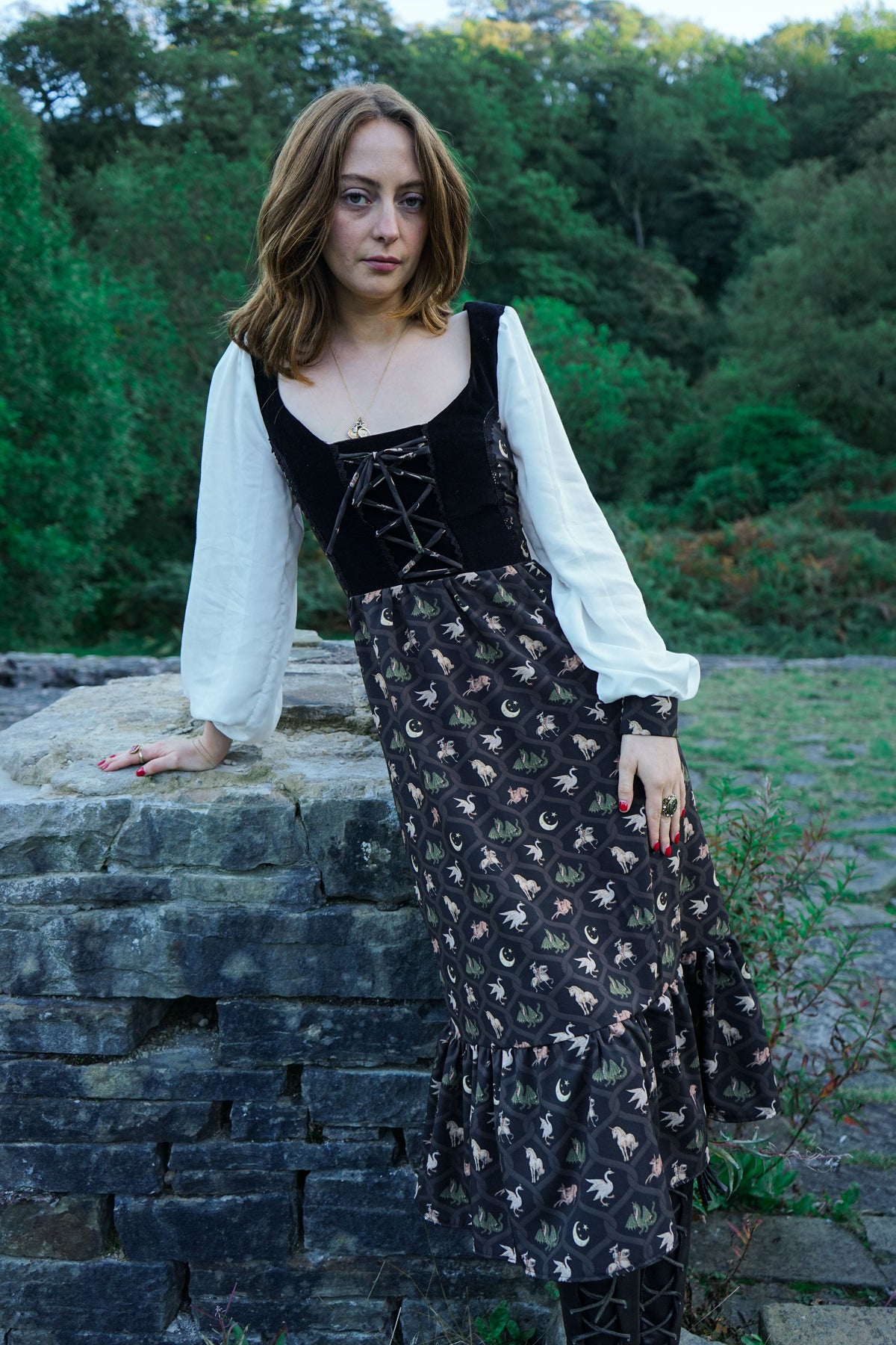 Stevie Midi Dress in Coal Folklore Ribbon Print