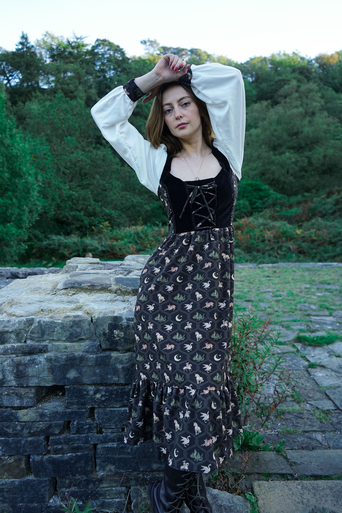Stevie Midi Dress in Coal Folklore Ribbon Print
