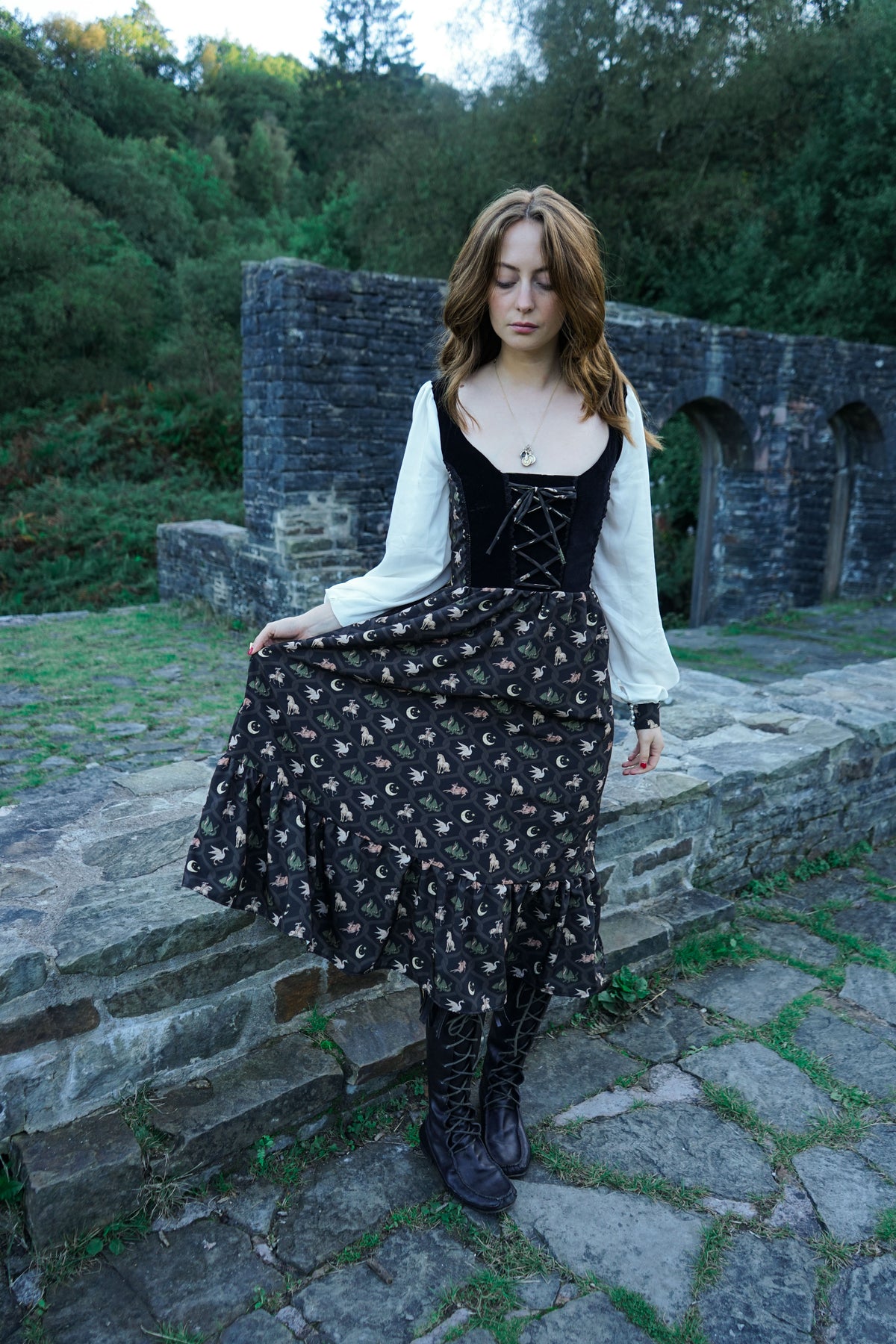 Stevie Midi Dress in Coal Folklore Ribbon Print