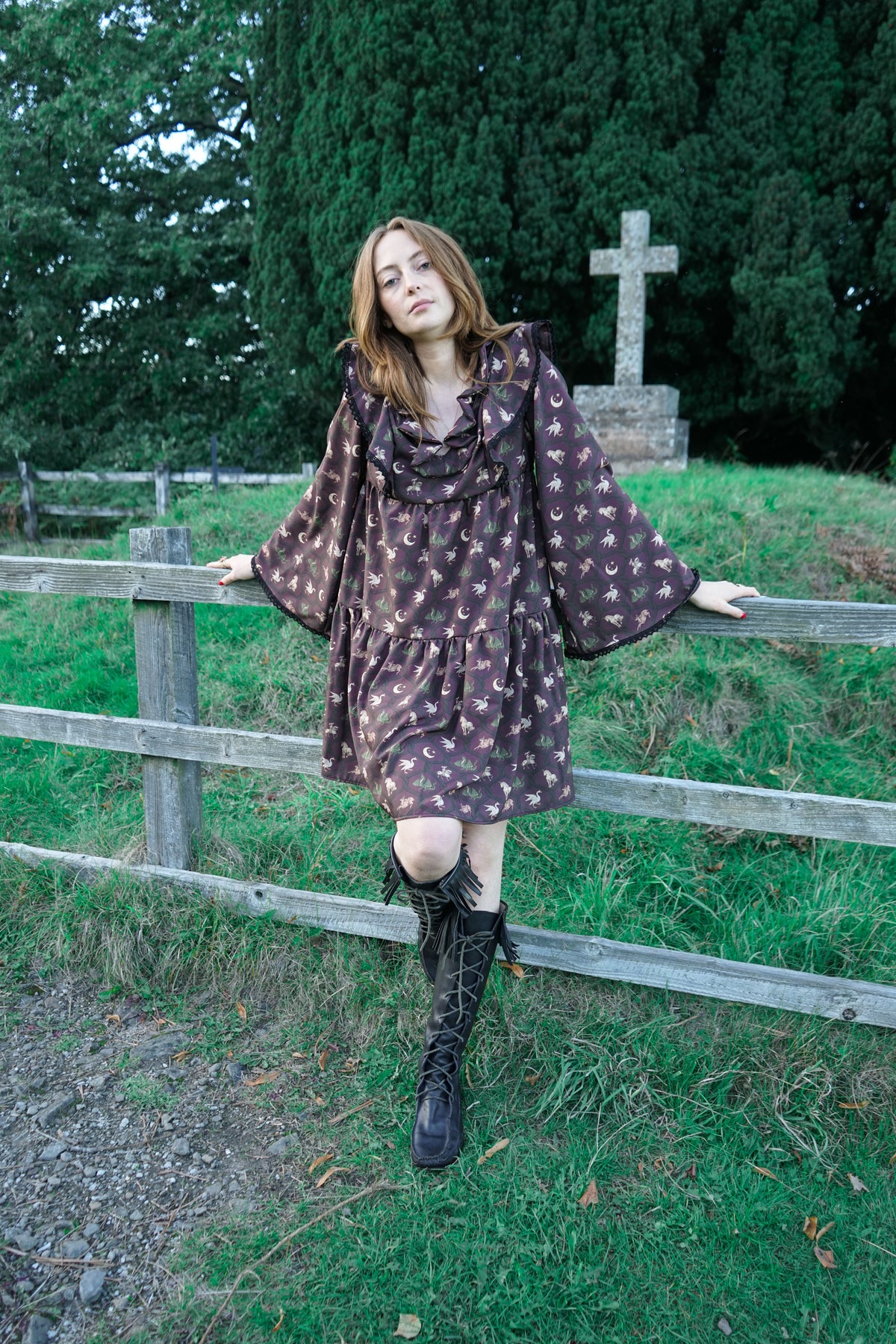 Lowri Mini Dress in Damson Folklore Ribbon Print