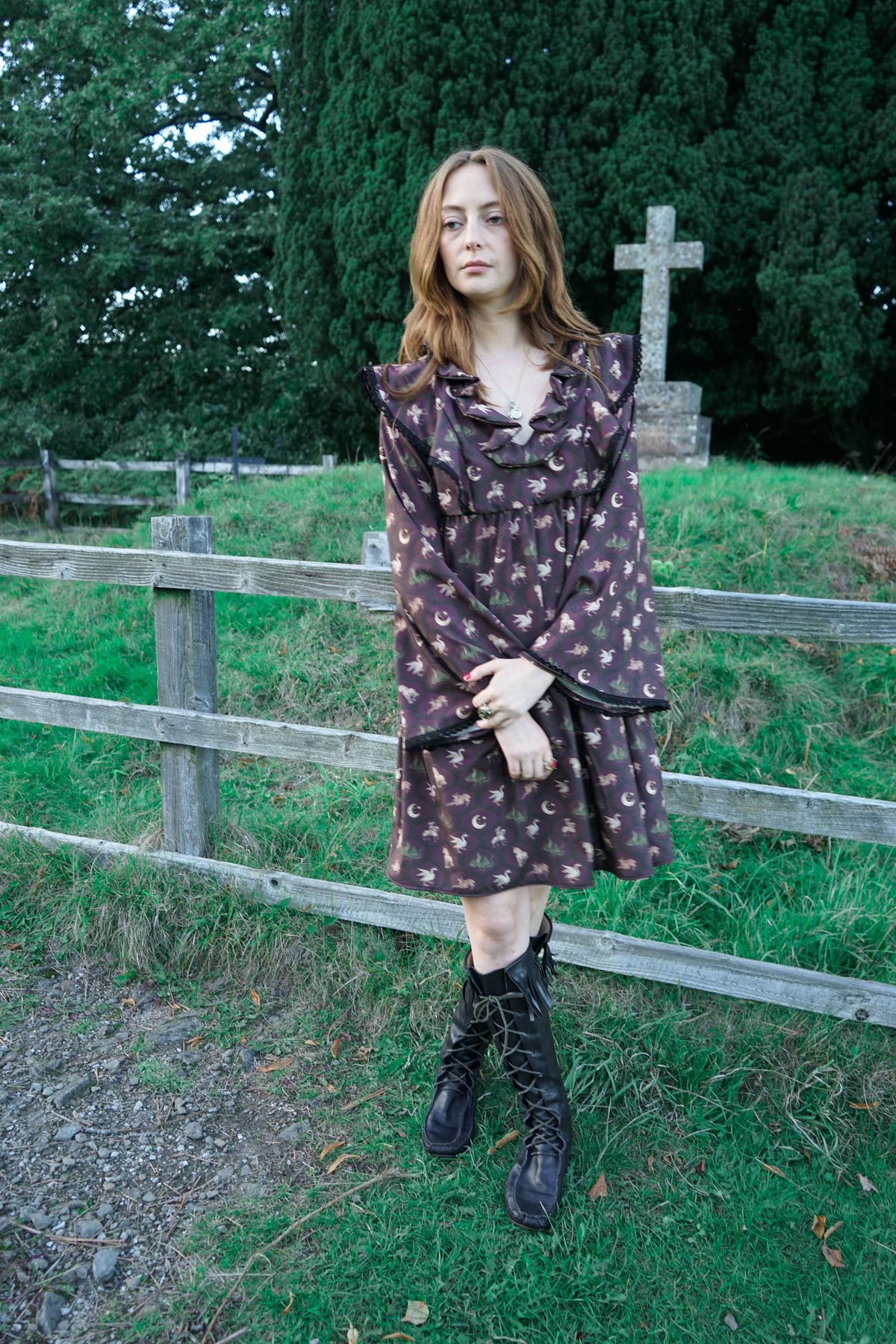 Lowri Mini Dress in Damson Folklore Ribbon Print