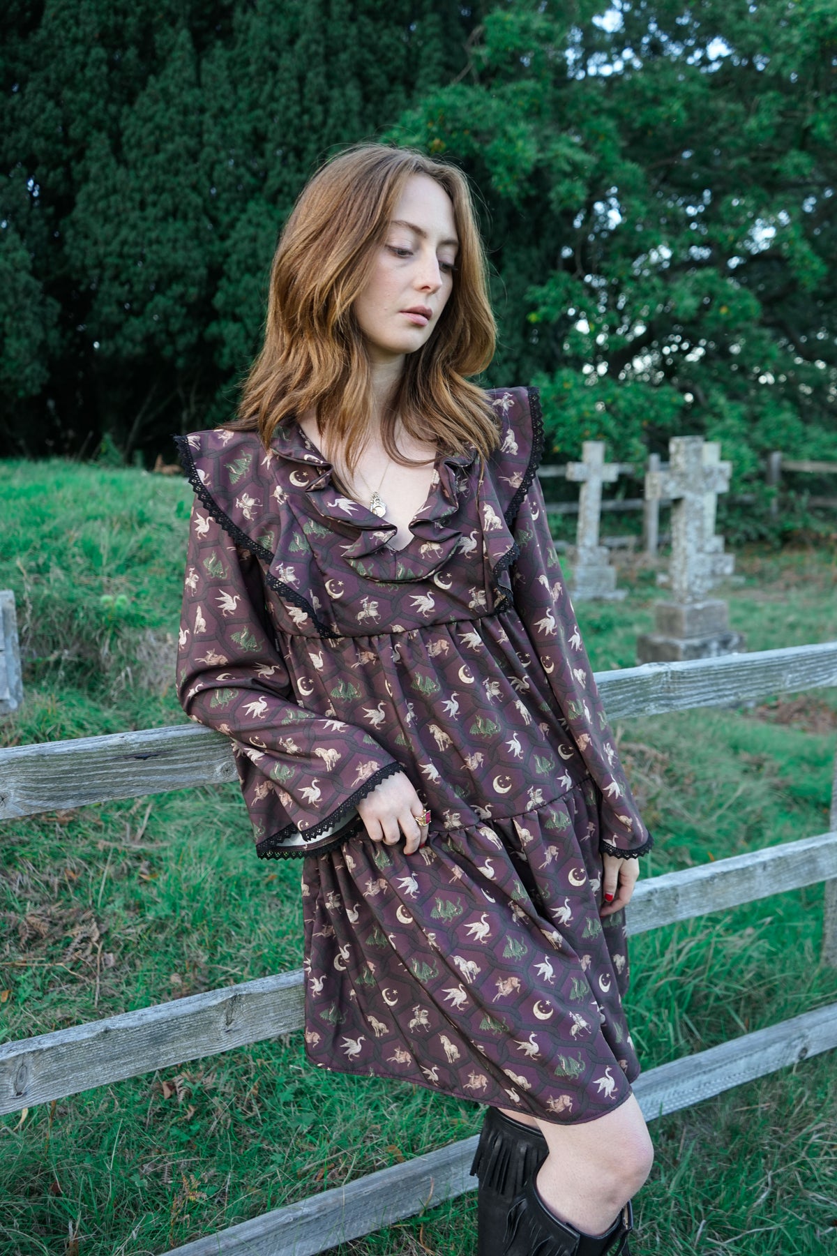 Lowri Mini Dress in Damson Folklore Ribbon Print