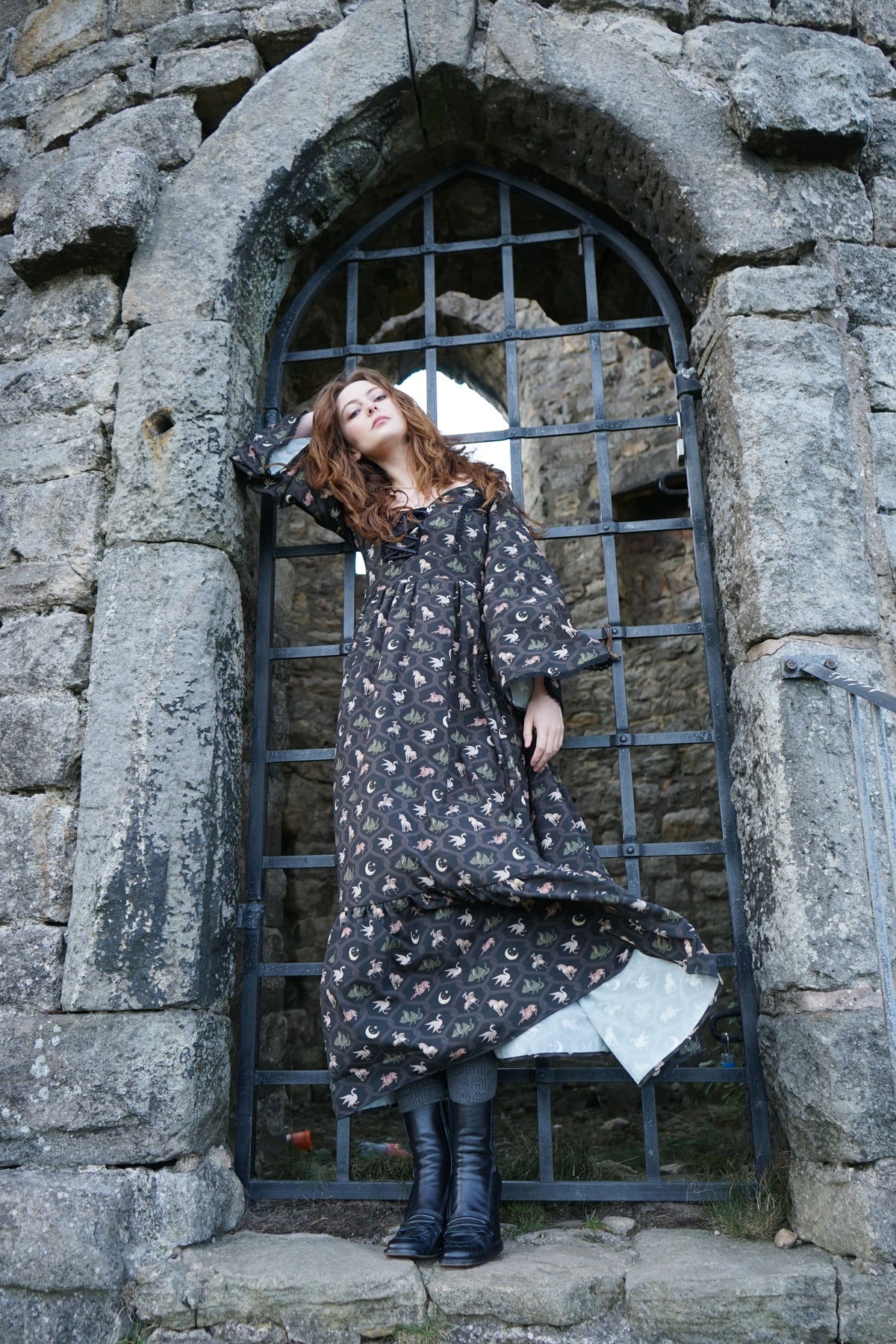 Ceridwen Dress in Coal Folklore Ribbon Print