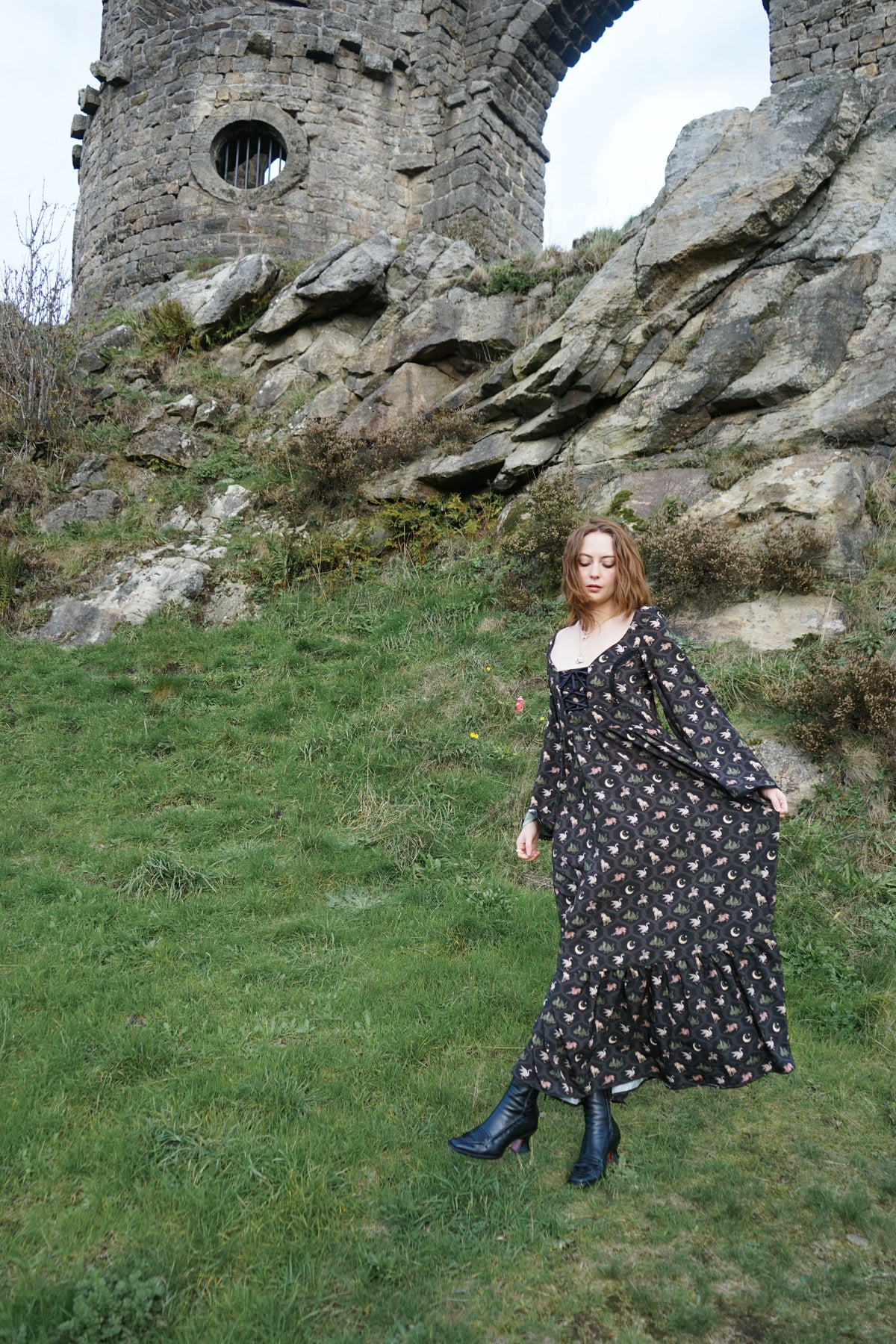Ceridwen Dress in Coal Folklore Ribbon Print