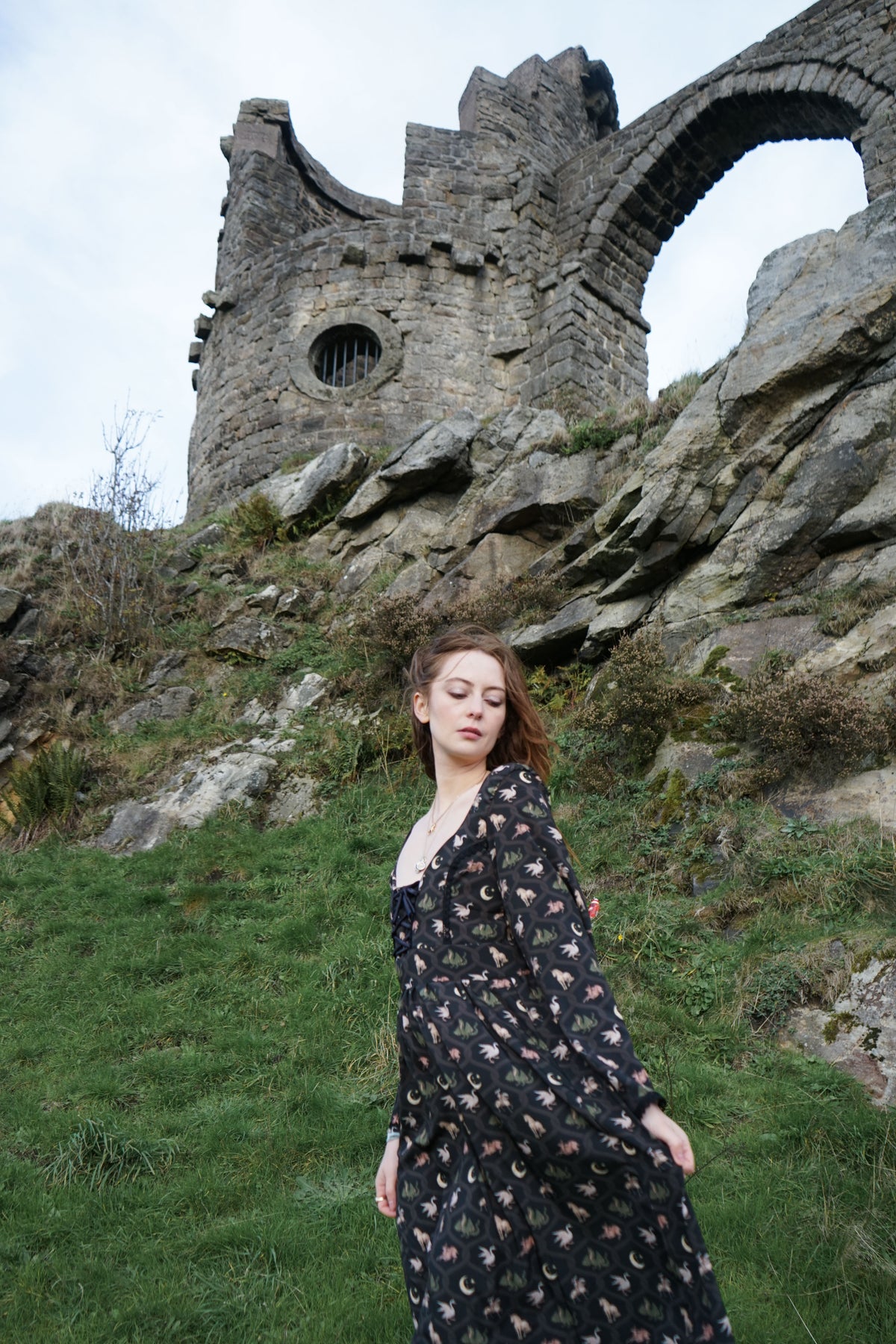 Ceridwen Dress in Coal Folklore Ribbon Print