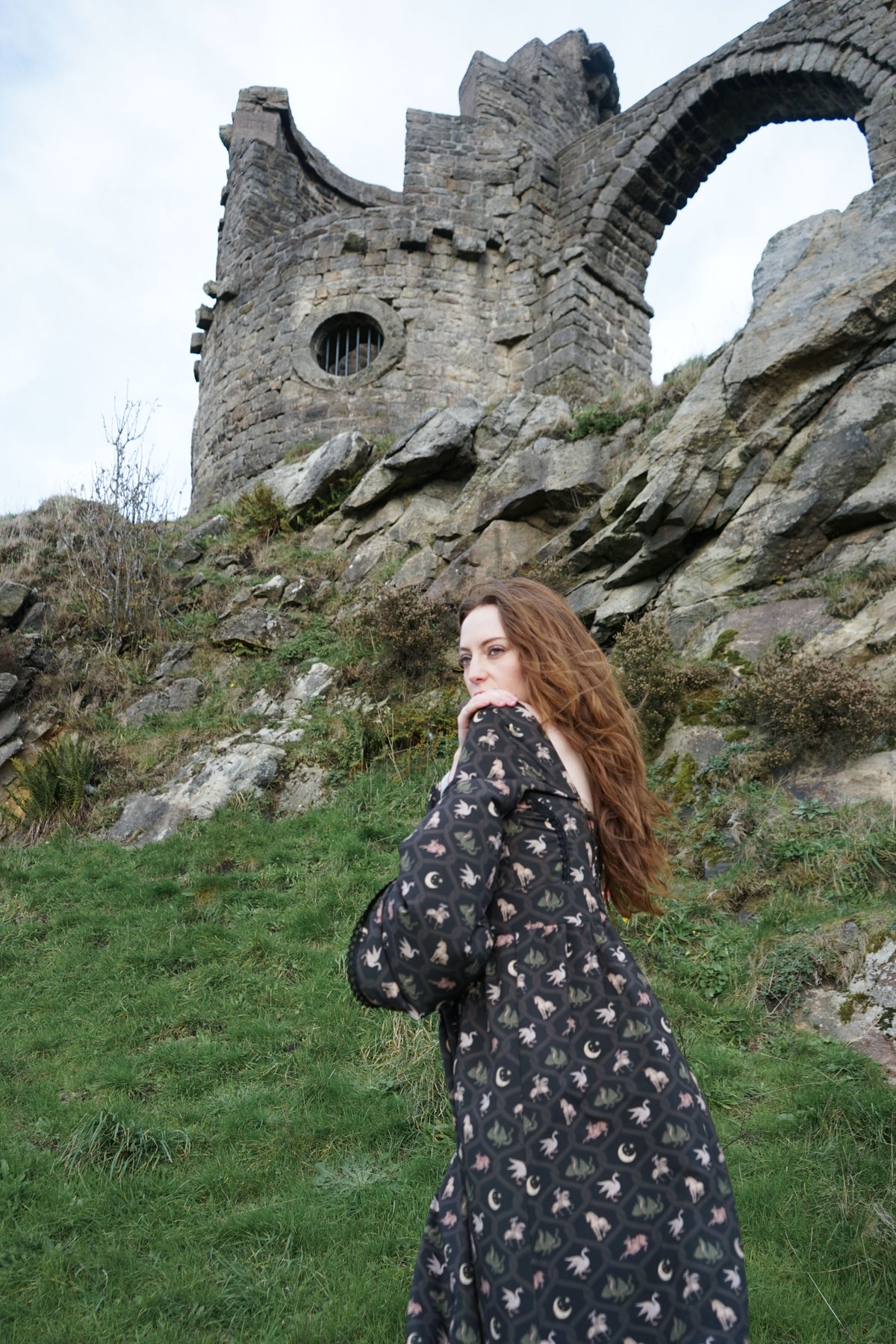 Ceridwen Dress in Coal Folklore Ribbon Print