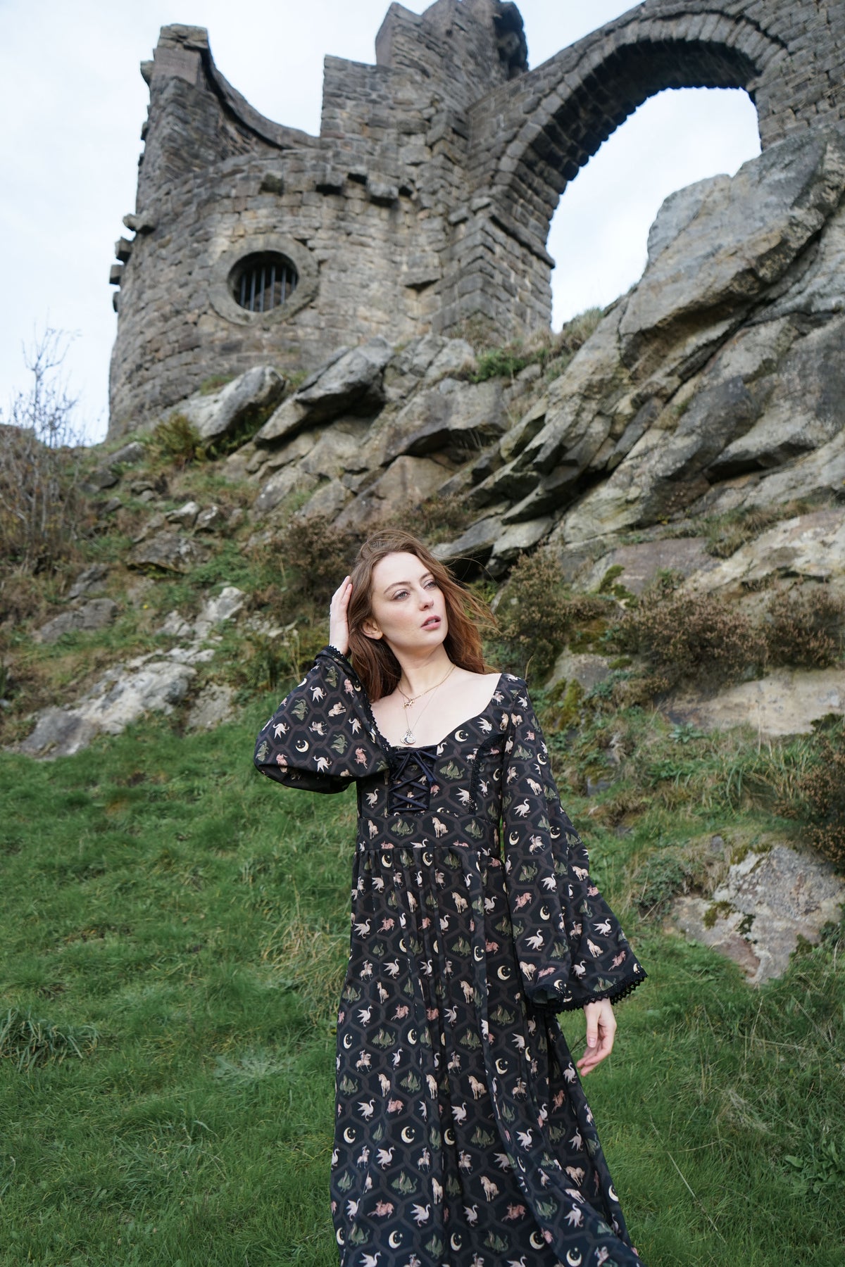 Ceridwen Dress in Coal Folklore Ribbon Print