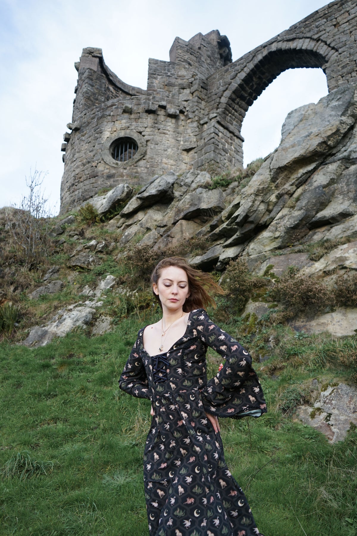 Ceridwen Dress in Coal Folklore Ribbon Print