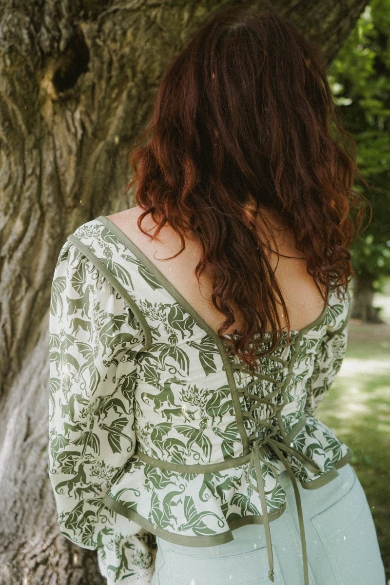 Arianwen Top in Green Draco Print - Olivia Annabelle - original_value - medieval - historical