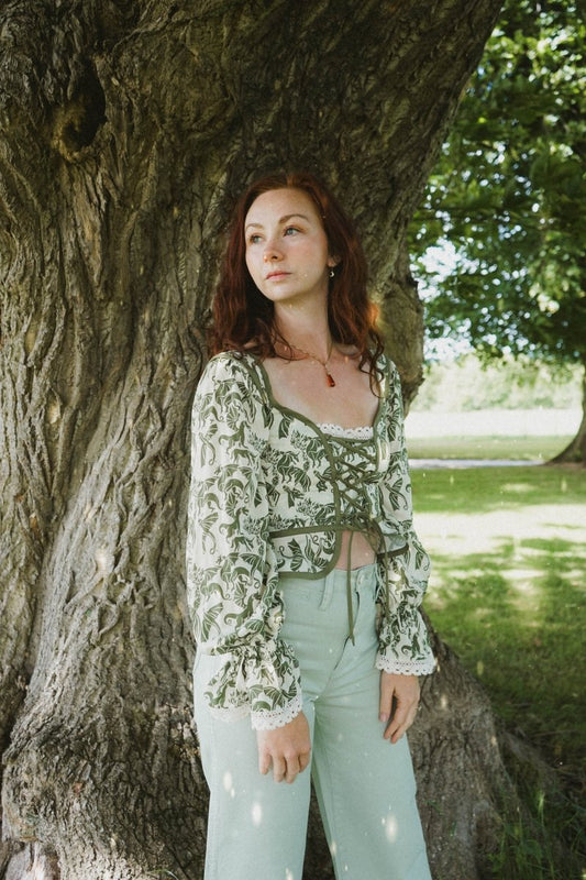 Arianwen Top in Green Draco Print - Olivia Annabelle - original_value - medieval - historical