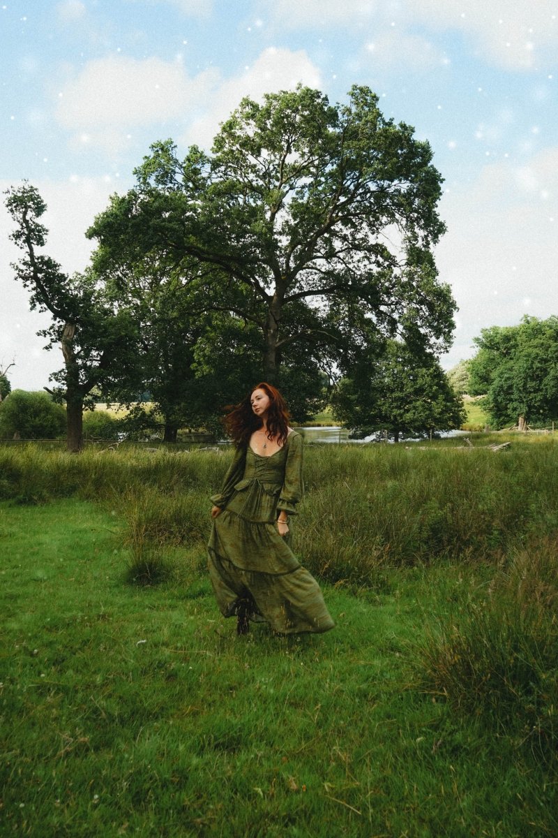 Carys Dress in Green Arthur Print - Olivia Annabelle - original_value - medieval - historical