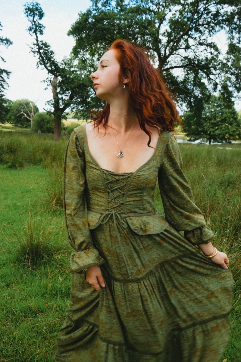 Carys Dress in Green Arthur Print - Olivia Annabelle - original_value - medieval - historical