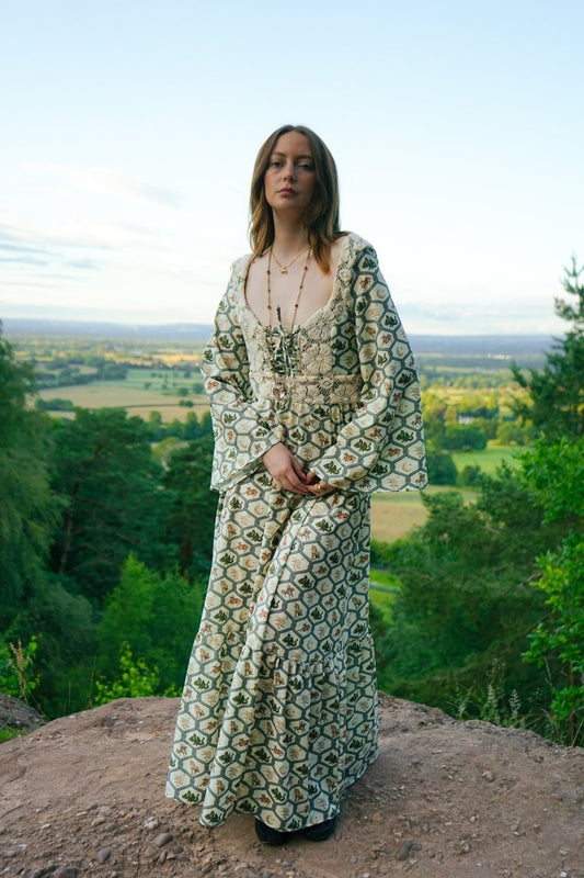 Ceridwen Dress in Folklore Ribbon Print - Olivia Annabelle - original_value - medieval - historical