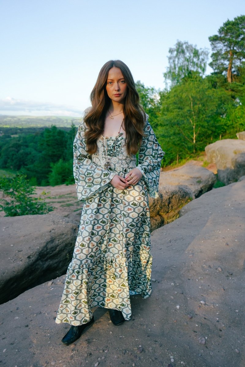 Ceridwen Dress in Folklore Ribbon Print - Olivia Annabelle - original_value - medieval - historical