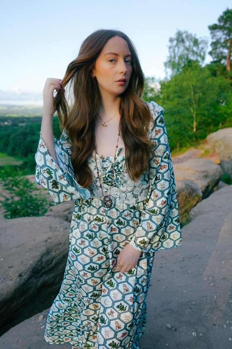 Ceridwen Dress in Folklore Ribbon Print - Olivia Annabelle - original_value - medieval - historical