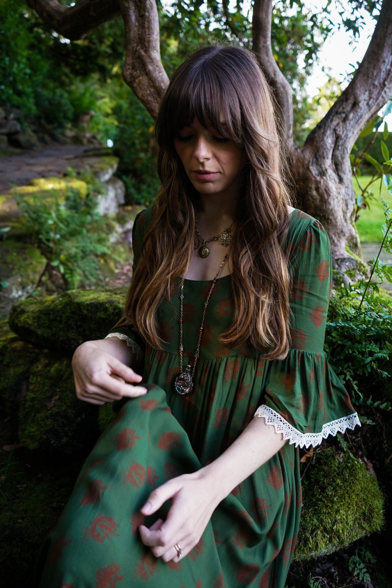 Chloe Dress in Moss Dragon Cameo Print - Olivia Annabelle - original_value - medieval - historical