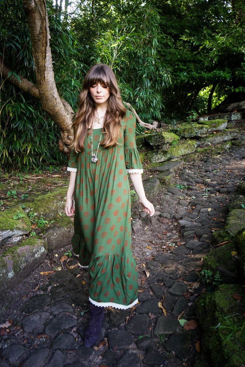 Chloe Dress in Moss Dragon Cameo Print - Olivia Annabelle - original_value - medieval - historical