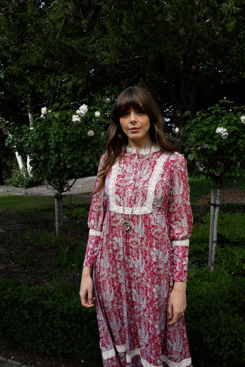 Florence Dress in Wine Ulvaag Dragon Print - Olivia Annabelle - original_value - medieval - historical