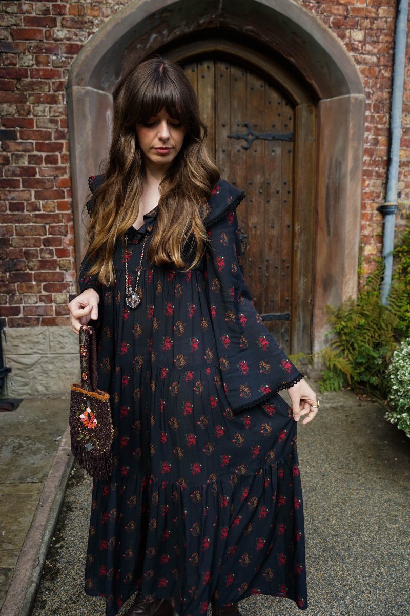Lowri Dress in Jet Dragon Cameo Print - Olivia Annabelle - original_value - medieval - historical