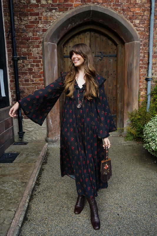 Lowri Dress in Jet Dragon Cameo Print - Olivia Annabelle - original_value - medieval - historical