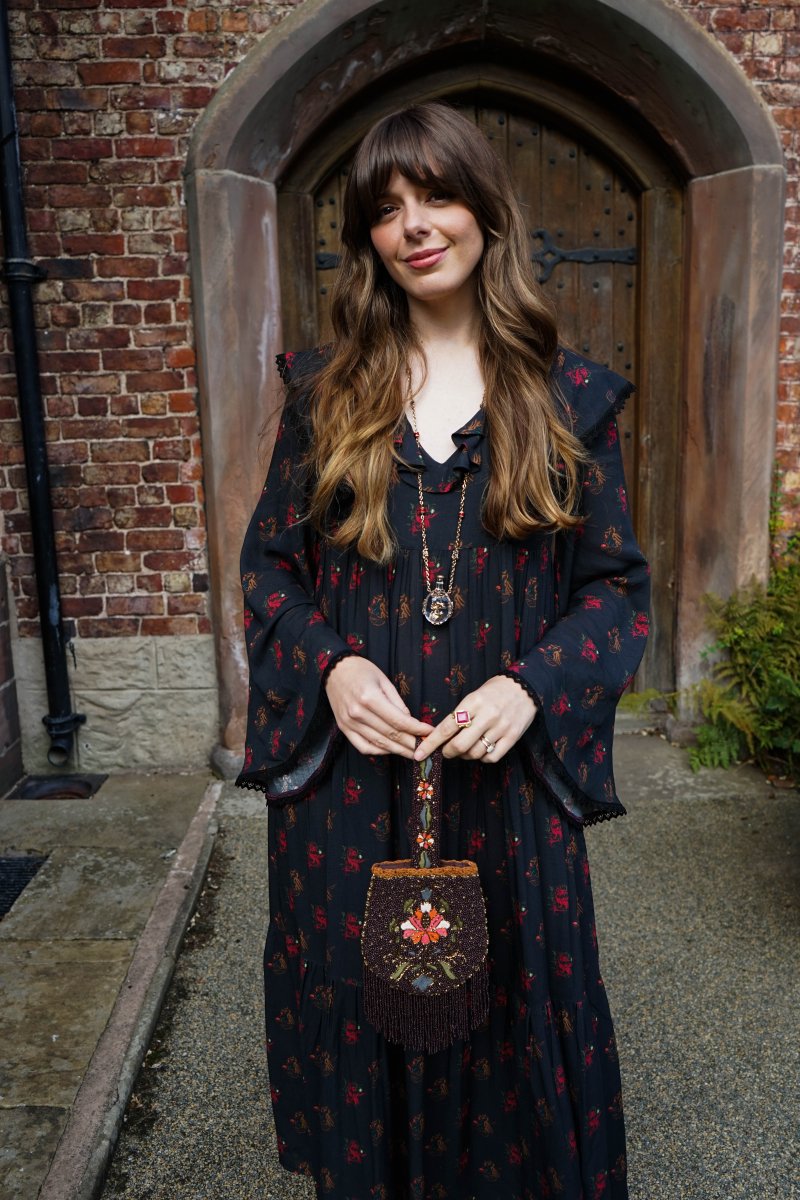 Lowri Dress in Jet Dragon Cameo Print - Olivia Annabelle - original_value - medieval - historical