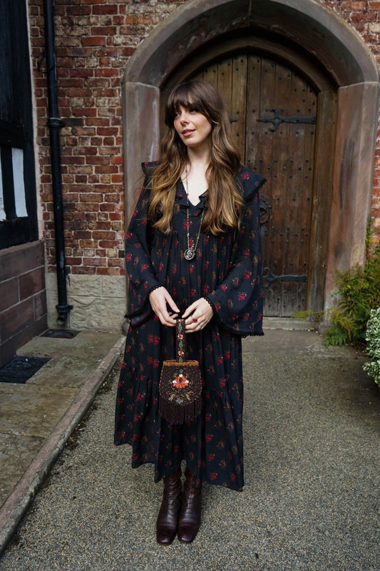 Lowri Dress in Jet Dragon Cameo Print - Olivia Annabelle - original_value - medieval - historical