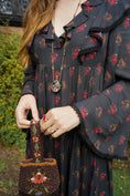 Load image into Gallery viewer, Lowri Dress in Jet Dragon Cameo Print - Olivia Annabelle - original_value - medieval - historical
