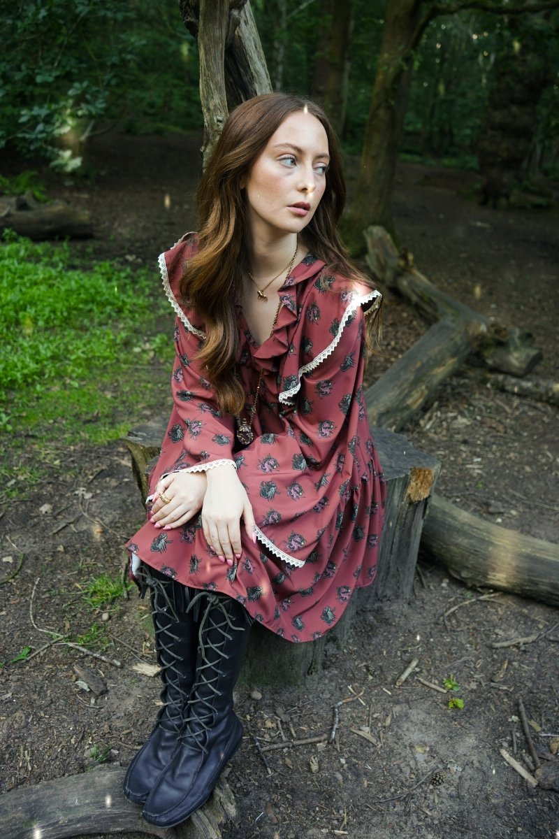 Lowri Mini Dress in Ruby Dragon Cameo Print - Olivia Annabelle - original_value - medieval - historical