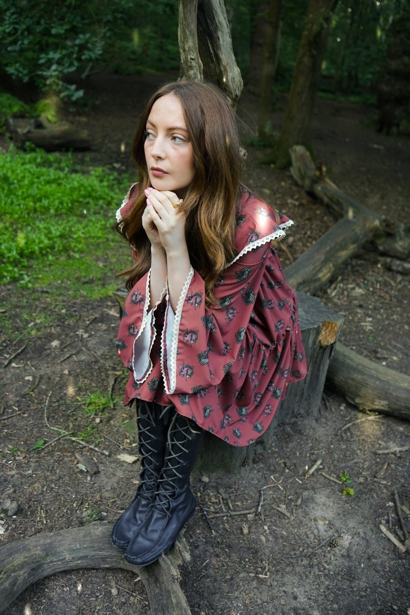 Lowri Mini Dress in Ruby Dragon Cameo Print - Olivia Annabelle - original_value - medieval - historical