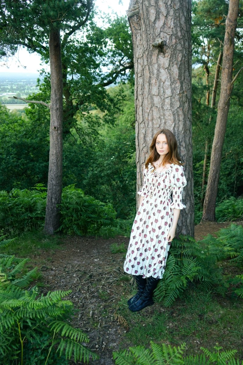 Marian Dress in Ticking Dragon Cameo Print - Olivia Annabelle - original_value - medieval - historical