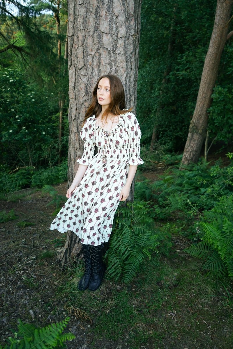 Marian Dress in Ticking Dragon Cameo Print - Olivia Annabelle - original_value - medieval - historical
