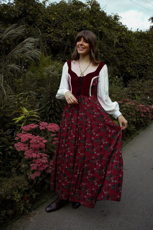 Stevie Dress in Wine Morris Print - Olivia Annabelle - original_value - medieval - historical
