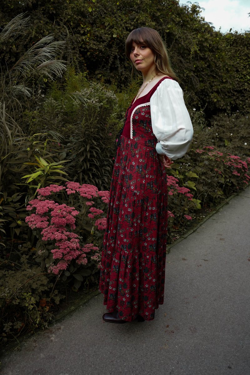 Stevie Dress in Wine Morris Print - Olivia Annabelle - original_value - medieval - historical