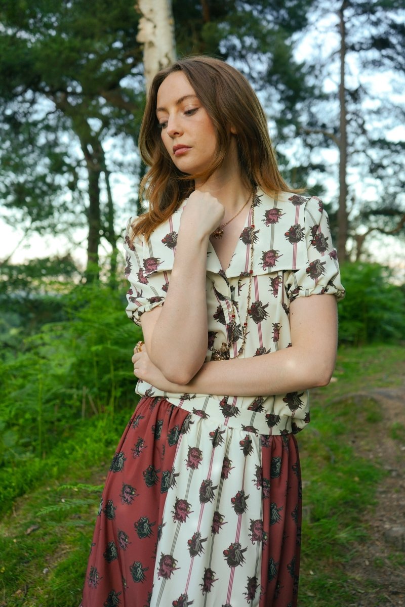 Uthyr Blouse in Ticking Dragon Cameo Print - Olivia Annabelle - original_value - medieval - historical