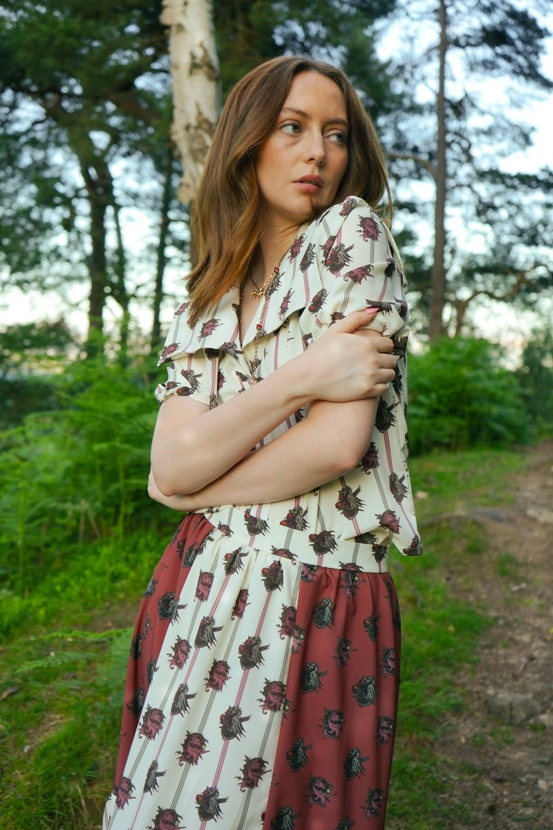 Uthyr Blouse in Ticking Dragon Cameo Print - Olivia Annabelle - original_value - medieval - historical