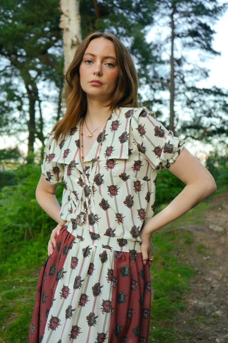 Uthyr Blouse in Ticking Dragon Cameo Print - Olivia Annabelle - original_value - medieval - historical