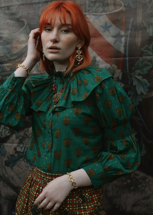 *Sample* Iseult Blouse in Teal Crest Print - Olivia Annabelle - #original_value - #medieval - #historical