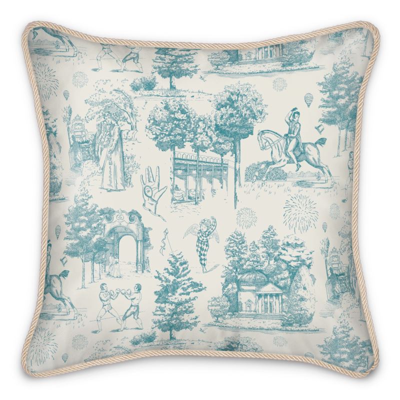 Vauxhall Gardens Powder Blue Toile Silk Cushion - Olivia Annabelle - Silk Cushions