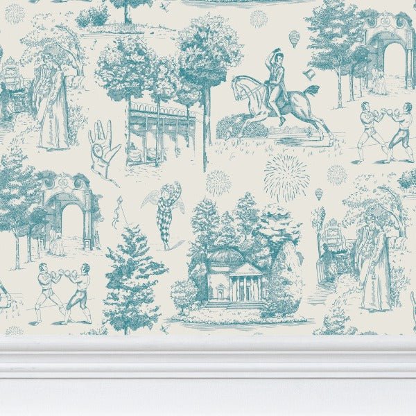 Vauxhall Gardens Powder Blue Toile Wallpaper - Olivia Annabelle - Repeat Pattern Wallpaper